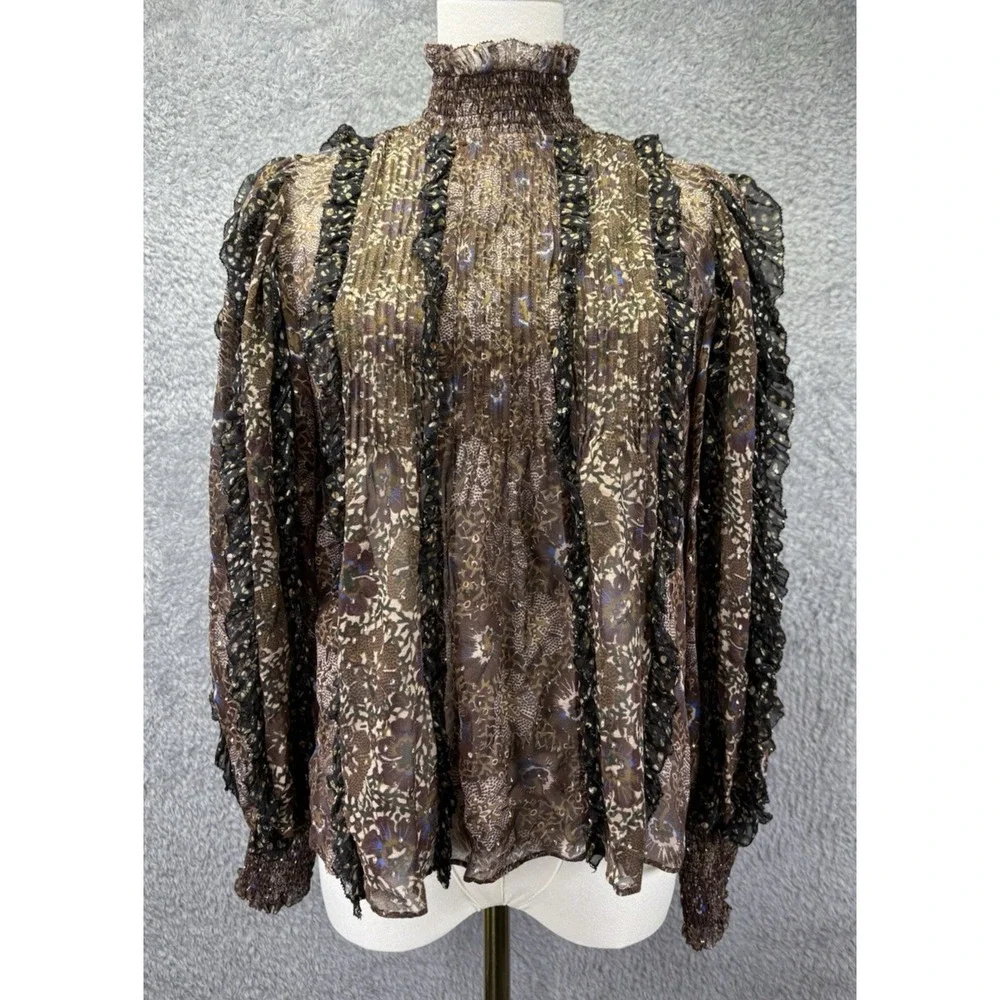 Ulla Johnson Womens 4 Silk Chiffon Blouse Metallic Floral Smocked Ruffle Boho